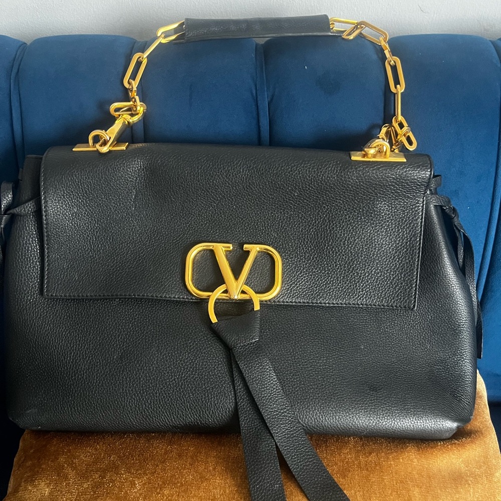 Valentino Black Leather Shoulder Bag with Gold Accents
